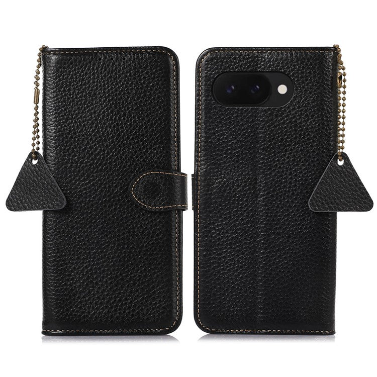 For Google Pixel 9a Case RFID Blocking Genuine Cow Leather Phone Cover Litchi Texture - Black