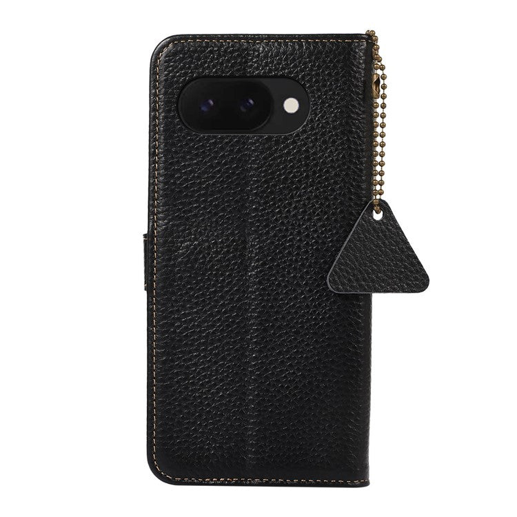 For Google Pixel 9a Case RFID Blocking Genuine Cow Leather Phone Cover Litchi Texture - Black