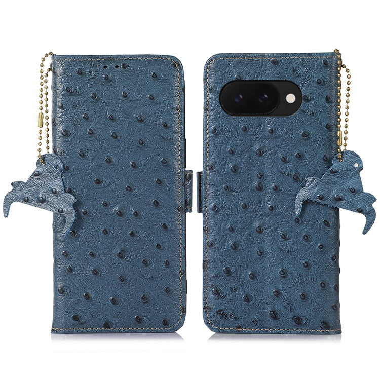 For Google Pixel 9a Case RFID Blocking Genuine Cow Leather Phone Case Ostrich Texture - Blue