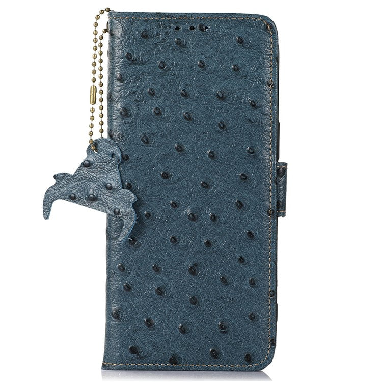 For Google Pixel 9a Case RFID Blocking Genuine Cow Leather Phone Case Ostrich Texture - Blue