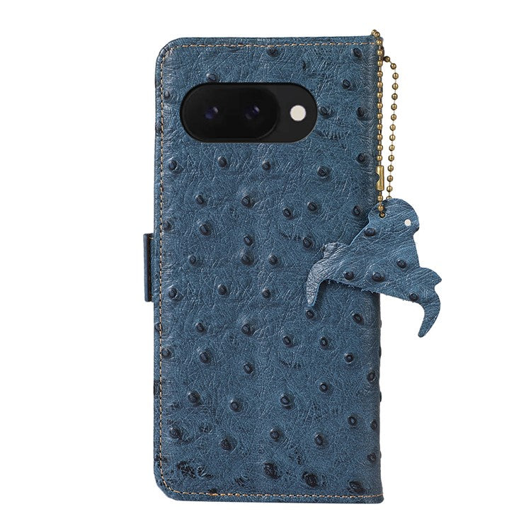 For Google Pixel 9a Case RFID Blocking Genuine Cow Leather Phone Case Ostrich Texture - Blue