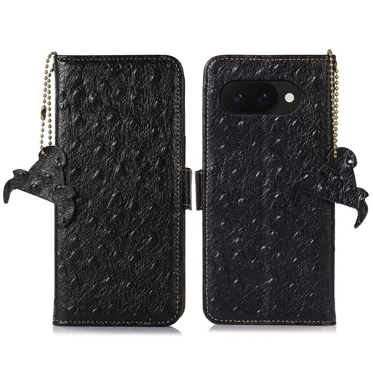 For Google Pixel 9a Case RFID Blocking Genuine Cow Leather Phone Case Ostrich Texture - Black