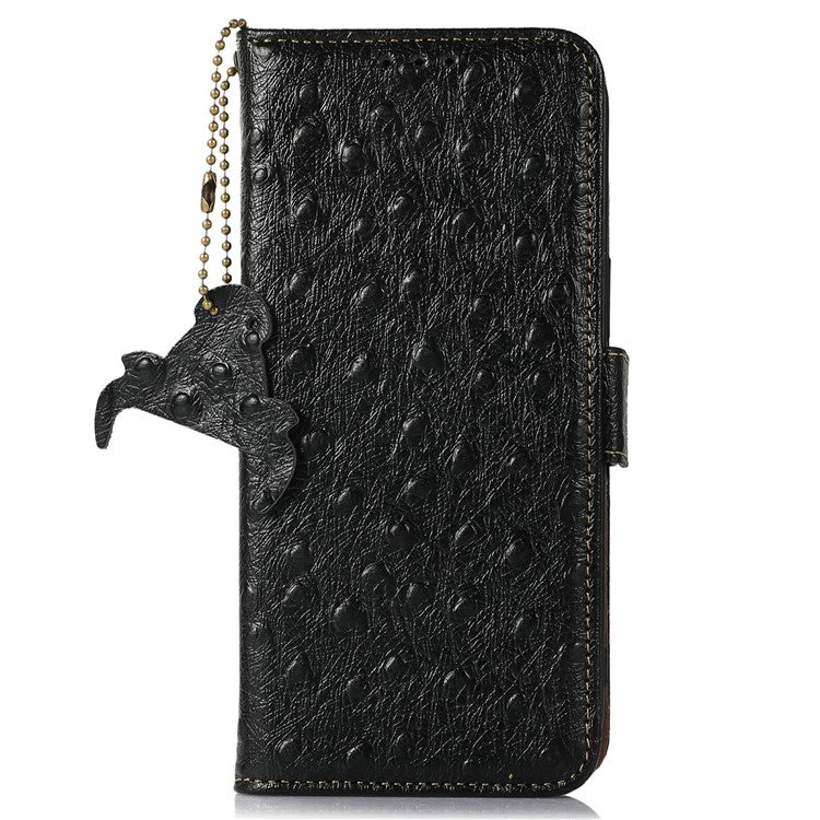 For Google Pixel 9a Case RFID Blocking Genuine Cow Leather Phone Case Ostrich Texture - Black