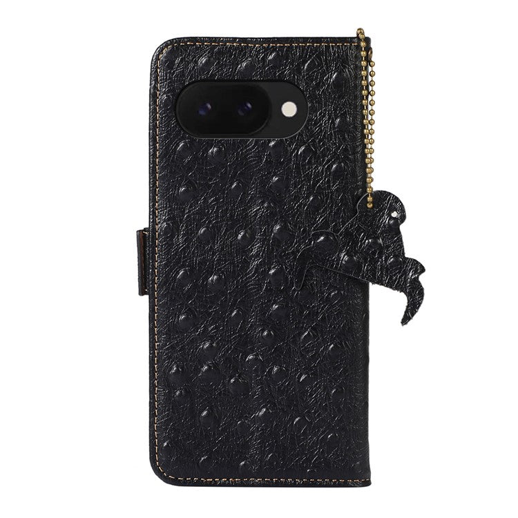 For Google Pixel 9a Case RFID Blocking Genuine Cow Leather Phone Case Ostrich Texture - Black