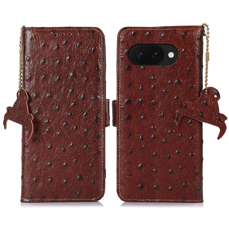 For Google Pixel 9a Case RFID Blocking Genuine Cow Leather Phone Case Ostrich Texture - Brown