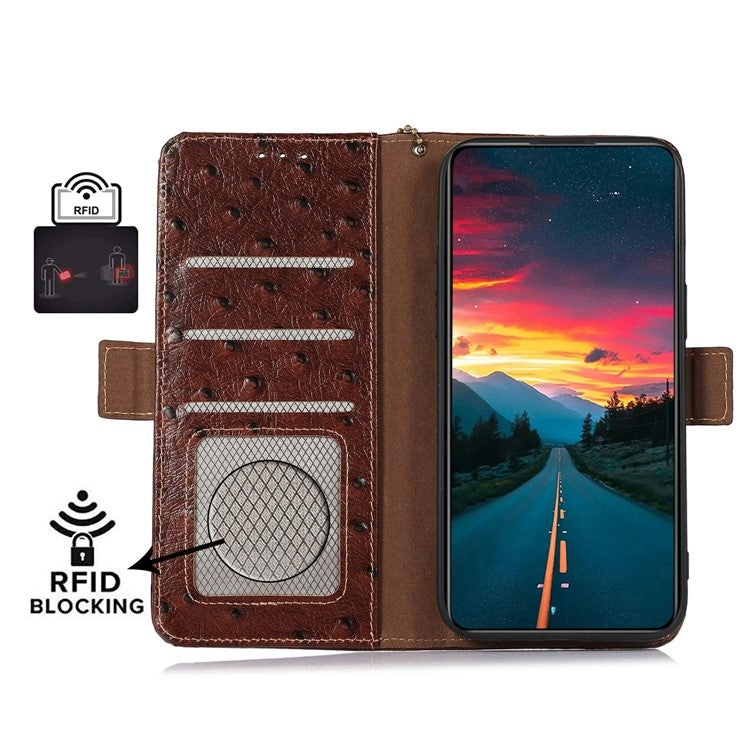 For Google Pixel 9a Case RFID Blocking Genuine Cow Leather Phone Case Ostrich Texture - Brown