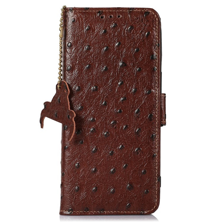 For Google Pixel 9a Case RFID Blocking Genuine Cow Leather Phone Case Ostrich Texture - Brown