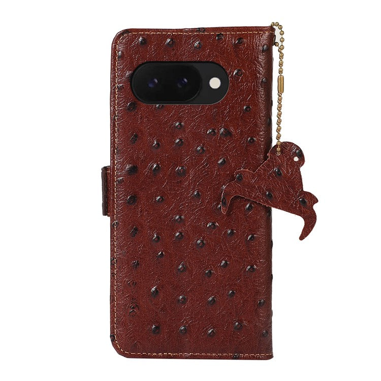 For Google Pixel 9a Case RFID Blocking Genuine Cow Leather Phone Case Ostrich Texture - Brown