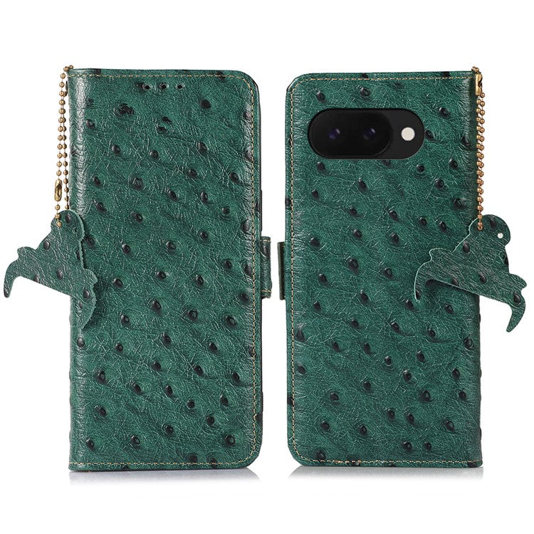 For Google Pixel 9a Case RFID Blocking Genuine Cow Leather Phone Case Ostrich Texture - Green