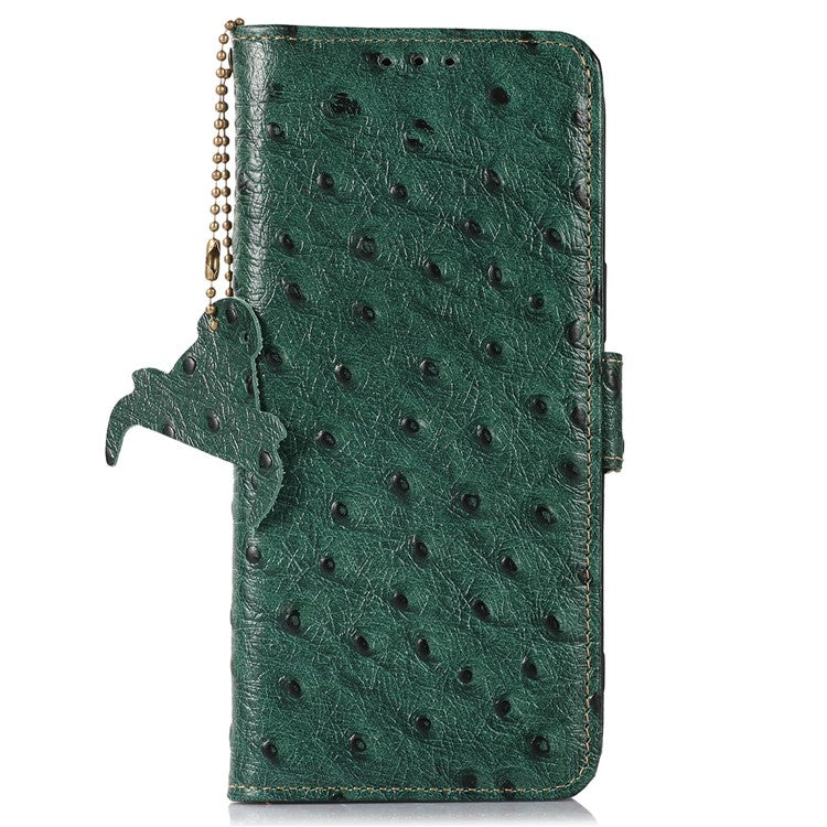 For Google Pixel 9a Case RFID Blocking Genuine Cow Leather Phone Case Ostrich Texture - Green