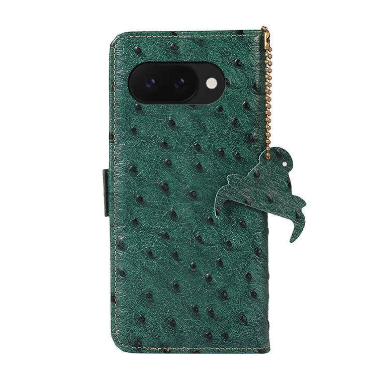 For Google Pixel 9a Case RFID Blocking Genuine Cow Leather Phone Case Ostrich Texture - Green