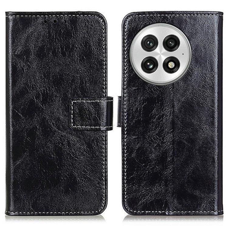 For OnePlus 13 Leather Case Wallet Phone Cover Crazy Horse Texture - Black