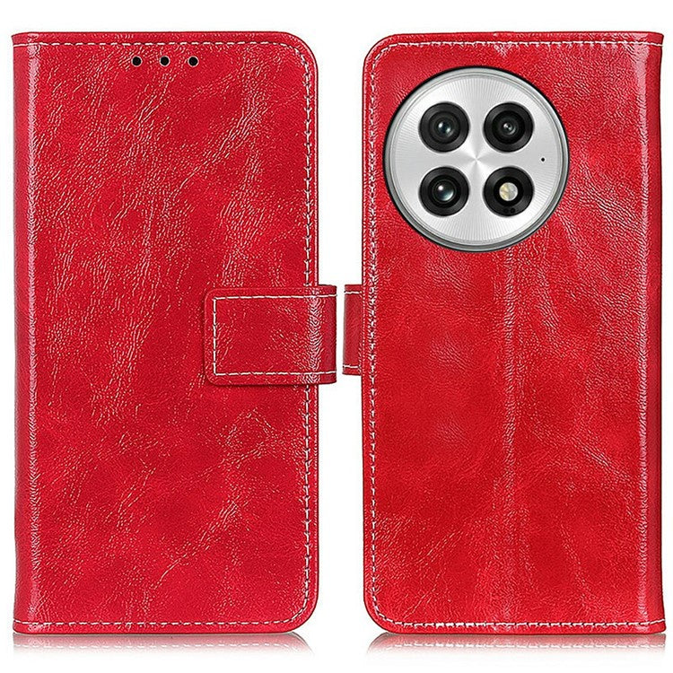 For OnePlus 13 Leather Case Wallet Phone Cover Crazy Horse Texture - Red