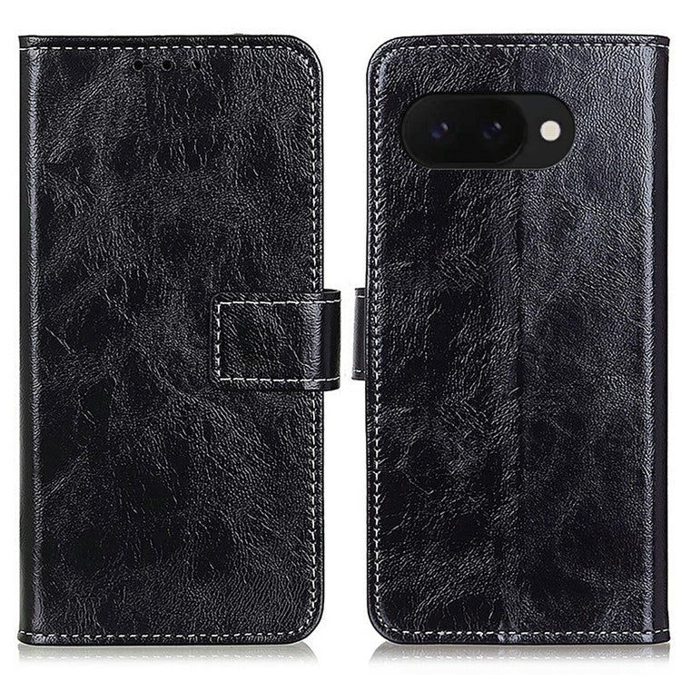 For Google Pixel 9a Leather Case Wallet Phone Cover Crazy Horse Texture - Black