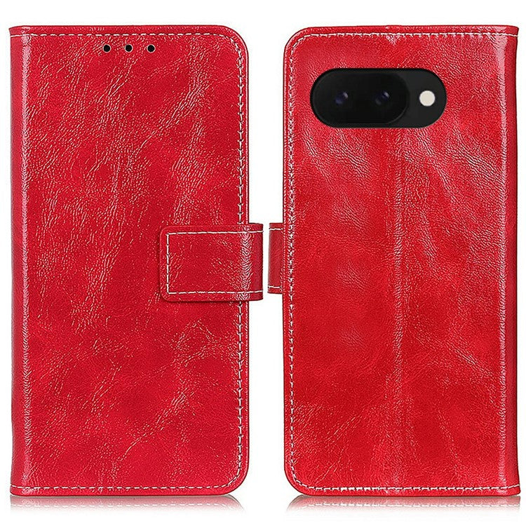 For Google Pixel 9a Leather Case Wallet Phone Cover Crazy Horse Texture - Red