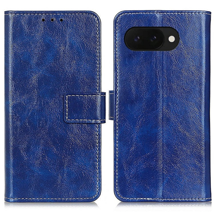 For Google Pixel 9a Leather Case Wallet Phone Cover Crazy Horse Texture - Blue