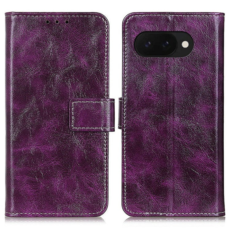 For Google Pixel 9a Leather Case Wallet Phone Cover Crazy Horse Texture - Purple