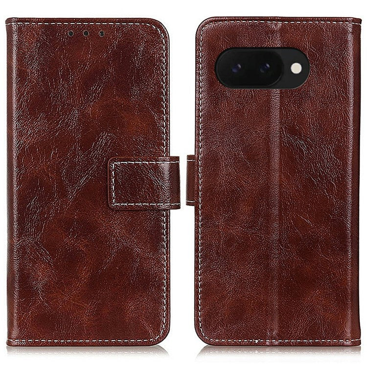 For Google Pixel 9a Leather Case Wallet Phone Cover Crazy Horse Texture - Brown