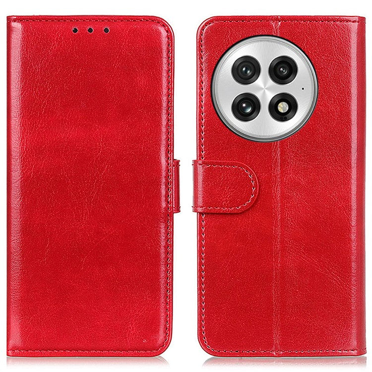 For OnePlus 13 Case Crazy Horse Texture PU Leather Phone Stand Cover - Red