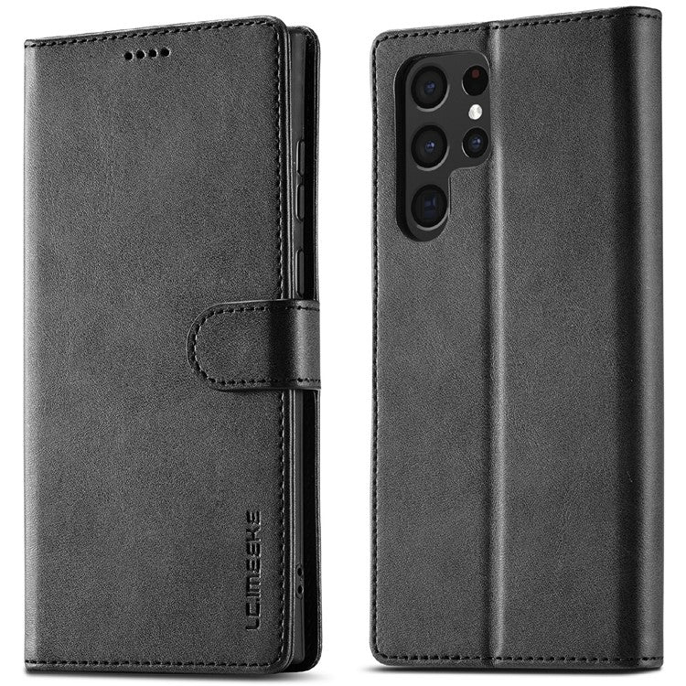 LC.IMEEKE For Samsung Galaxy S25 Ultra Case Calf Texture PU Leather Stand Wallet Phone Cover - Black