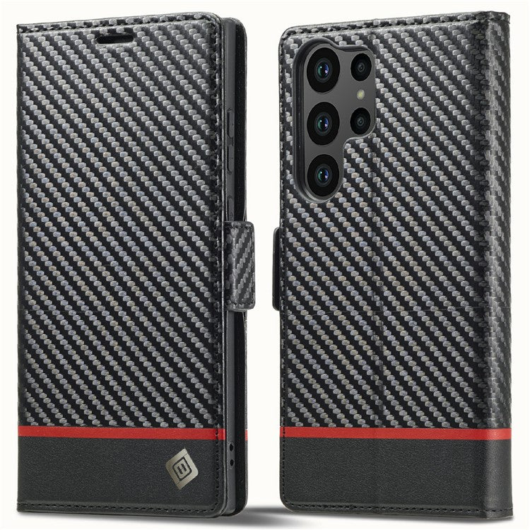 LC.IMEEKE For Samsung Galaxy S25 Ultra Case Carbon Fiber Texture Phone Cover Stand Card Holder - Horizontal Stripe