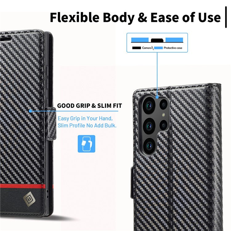 LC.IMEEKE For Samsung Galaxy S25 Ultra Case Carbon Fiber Texture Phone Cover Stand Card Holder - Horizontal Stripe