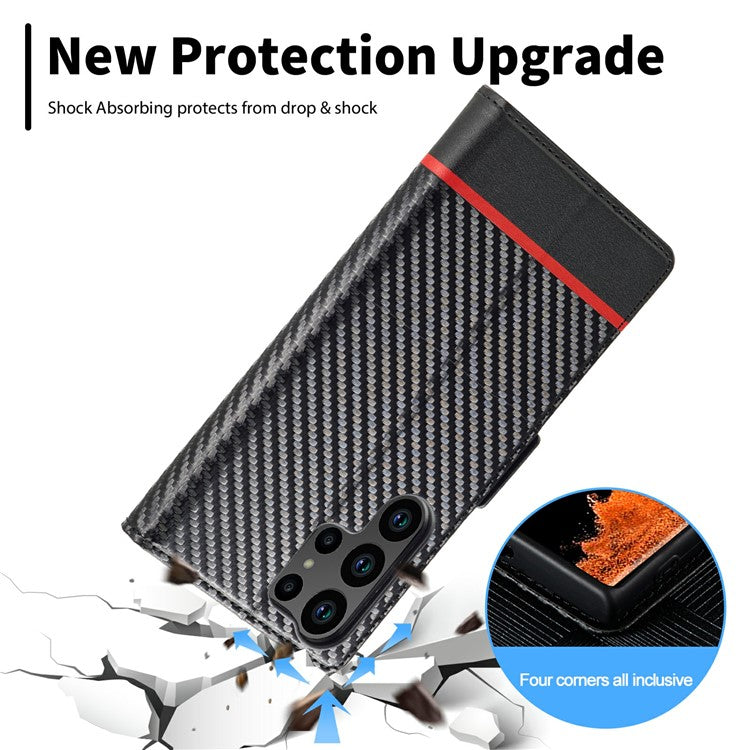 LC.IMEEKE For Samsung Galaxy S25 Ultra Case Carbon Fiber Texture Phone Cover Stand Card Holder - Horizontal Stripe