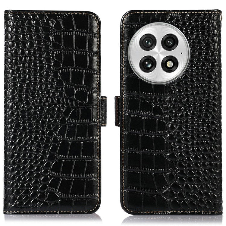 For OnePlus 13 Case Crocodile Texture Genuine Cow Leather Phone Wallet Cover - Black