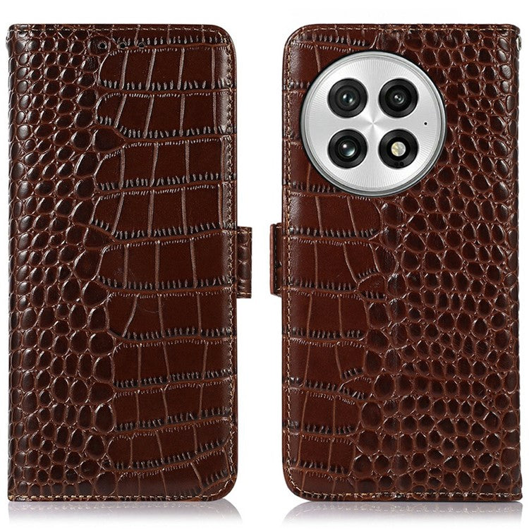 For OnePlus 13 Case Crocodile Texture Genuine Cow Leather Phone Wallet Cover - Brown