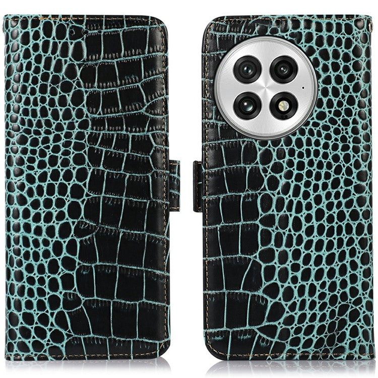 For OnePlus 13 Case Crocodile Texture Genuine Cow Leather Phone Wallet Cover - Green