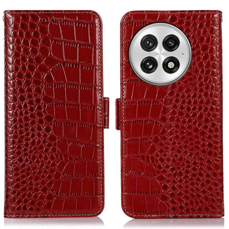 For OnePlus 13 Case Crocodile Texture Genuine Cow Leather Phone Wallet Cover - Red