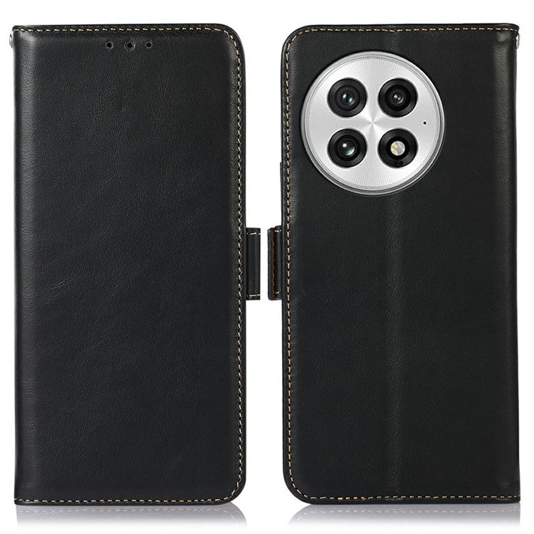 For OnePlus 13 Case RFID Blocking Genuine Cow Leather Wallet Phone Cover - Black