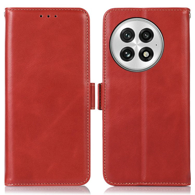 For OnePlus 13 Case RFID Blocking Genuine Cow Leather Wallet Phone Cover - Red