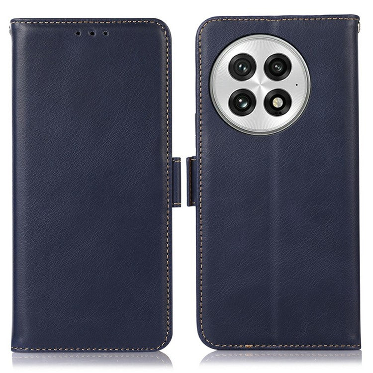 For OnePlus 13 Case RFID Blocking Genuine Cow Leather Wallet Phone Cover - Blue