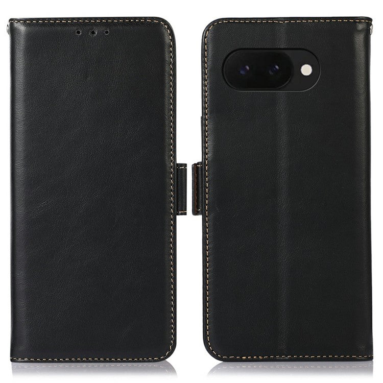 For Google Pixel 9a Case RFID Blocking Genuine Cow Leather Wallet Phone Cover - Black