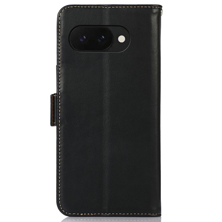 For Google Pixel 9a Case RFID Blocking Genuine Cow Leather Wallet Phone Cover - Black