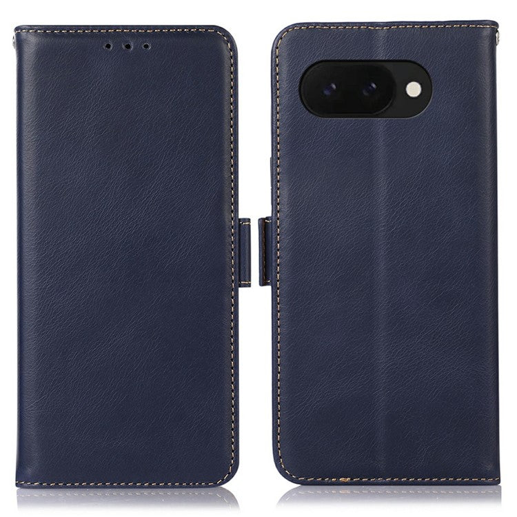 For Google Pixel 9a Case RFID Blocking Genuine Cow Leather Wallet Phone Cover - Blue