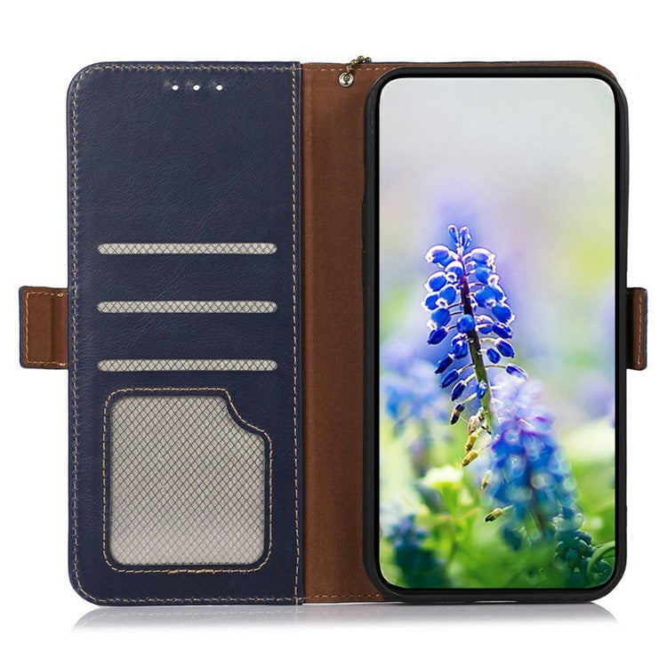 For Google Pixel 9a Case RFID Blocking Genuine Cow Leather Wallet Phone Cover - Blue