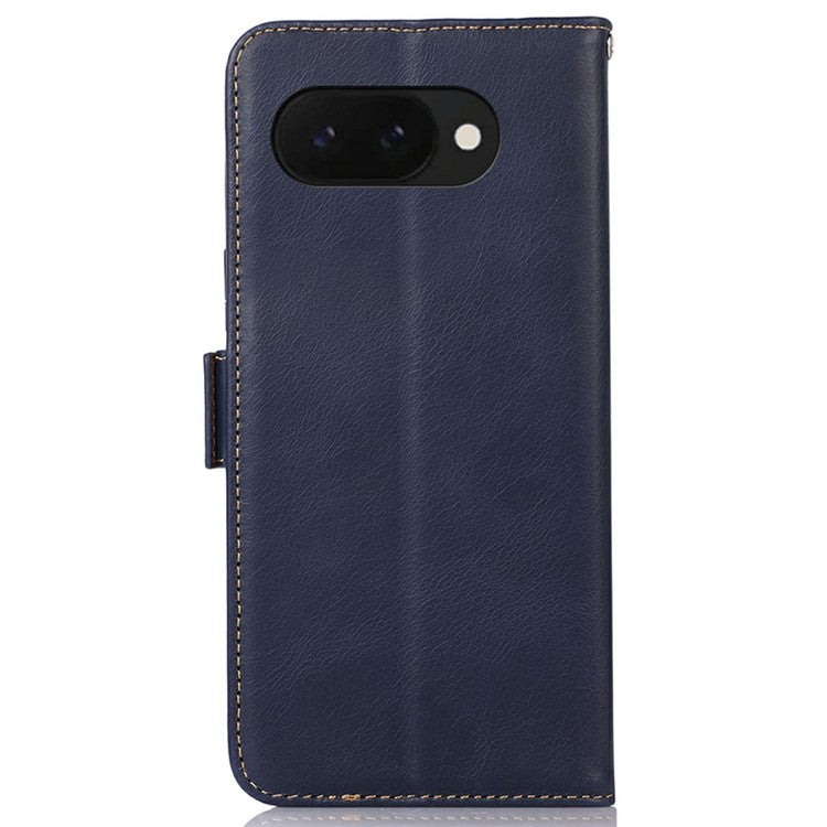 For Google Pixel 9a Case RFID Blocking Genuine Cow Leather Wallet Phone Cover - Blue