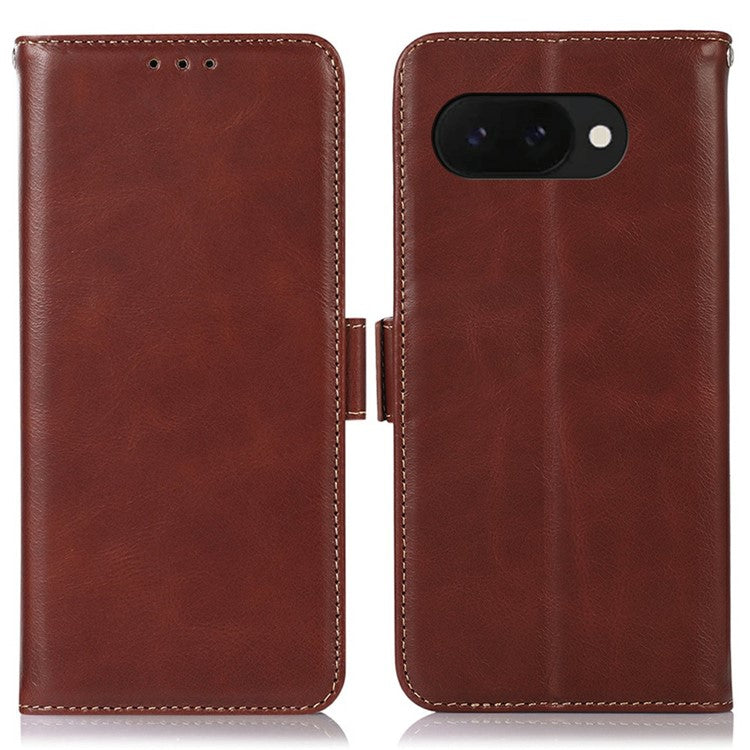 For Google Pixel 9a Case RFID Blocking Genuine Cow Leather Wallet Phone Cover - Brown