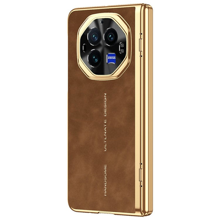 For vivo X Fold3 Phone Case with Tempered Glass Film Electroplating Leather+PC Mobile Cover - Brown