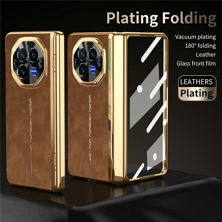 For vivo X Fold3 Phone Case with Tempered Glass Film Electroplating Leather+PC Mobile Cover - Brown