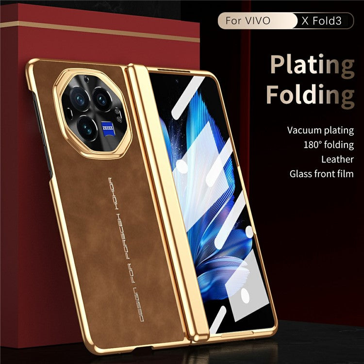 For vivo X Fold3 Phone Case with Tempered Glass Film Electroplating Leather+PC Mobile Cover - Brown