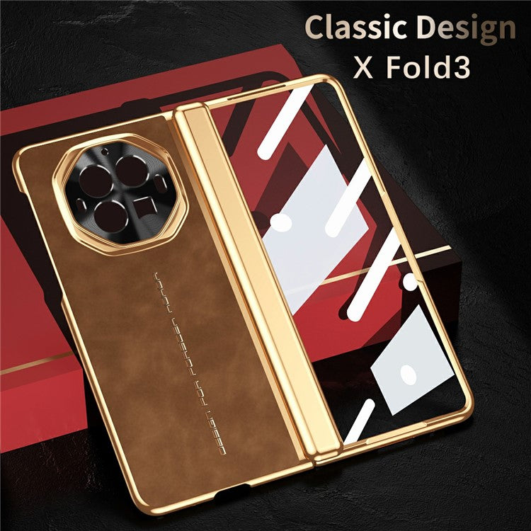 For vivo X Fold3 Phone Case with Tempered Glass Film Electroplating Leather+PC Mobile Cover - Brown