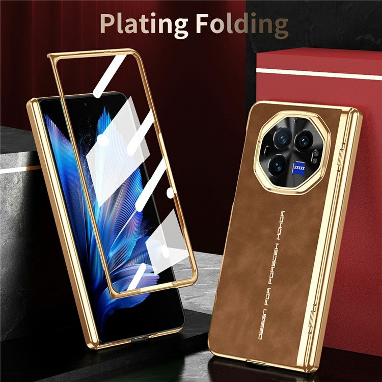 For vivo X Fold3 Phone Case with Tempered Glass Film Electroplating Leather+PC Mobile Cover - Brown