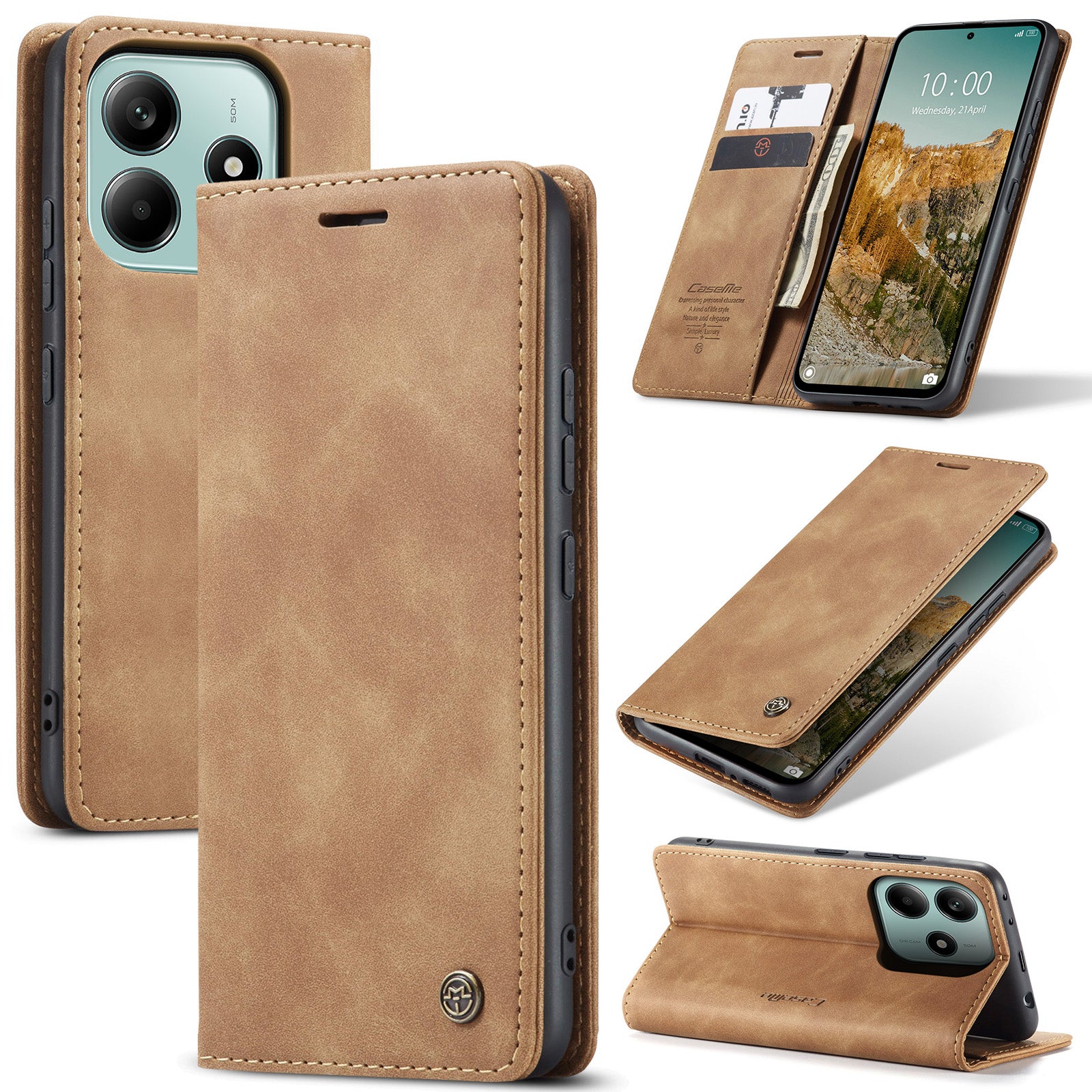 For Xiaomi Redmi Note 14 5G Case CASEME 013 Series Card Holder Stand Leather Phone Cover - Brown