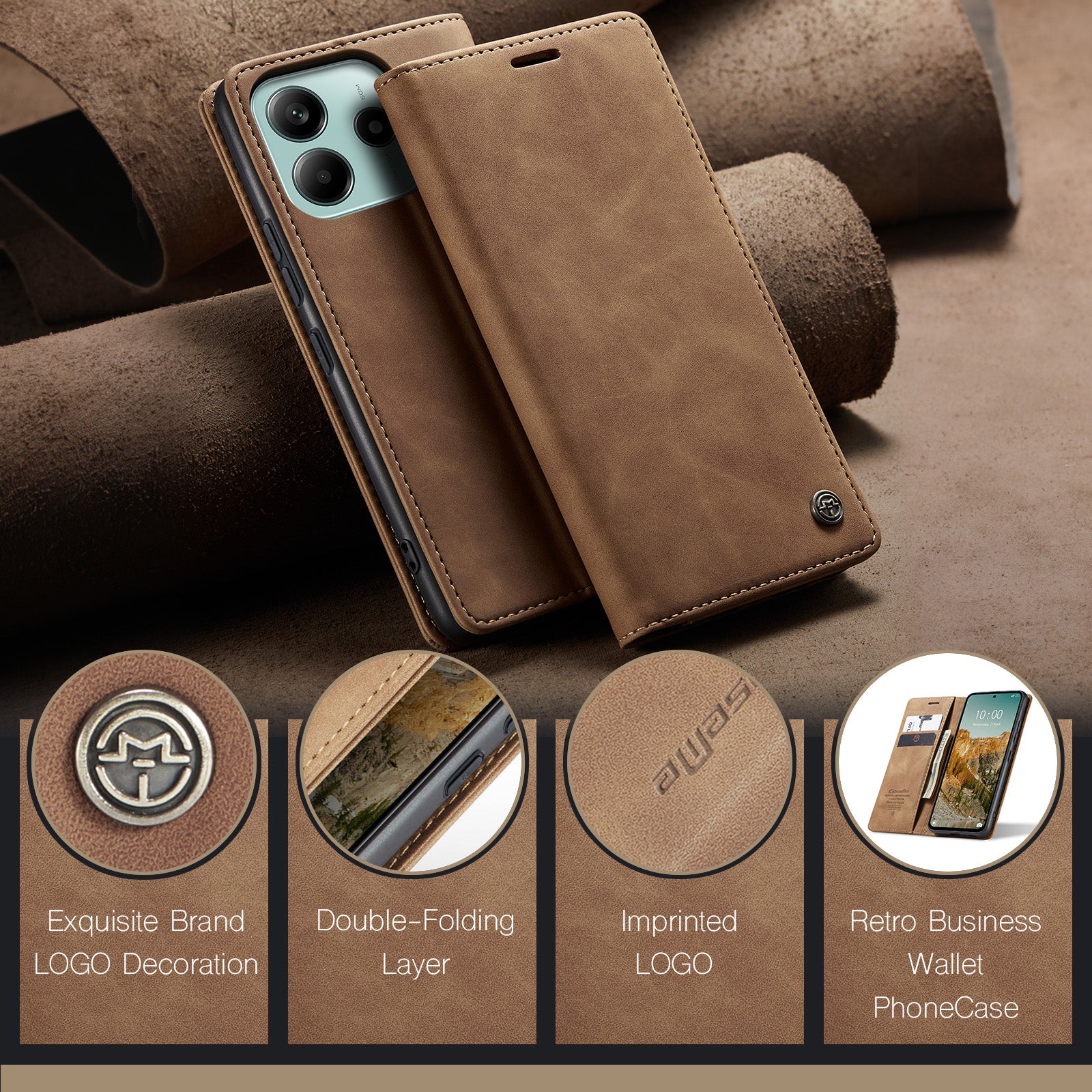 For Xiaomi Redmi Note 14 5G Case CASEME 013 Series Card Holder Stand Leather Phone Cover - Brown