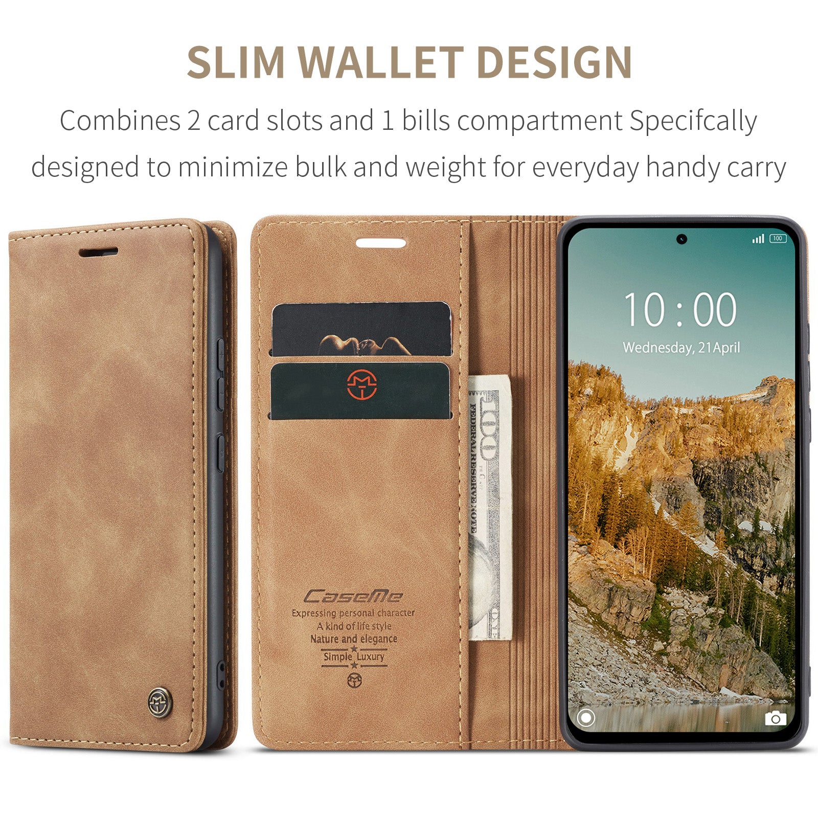 For Xiaomi Redmi Note 14 5G Case CASEME 013 Series Card Holder Stand Leather Phone Cover - Brown