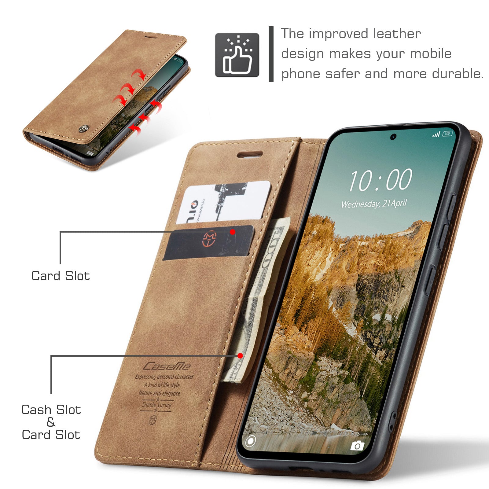 For Xiaomi Redmi Note 14 5G Case CASEME 013 Series Card Holder Stand Leather Phone Cover - Brown