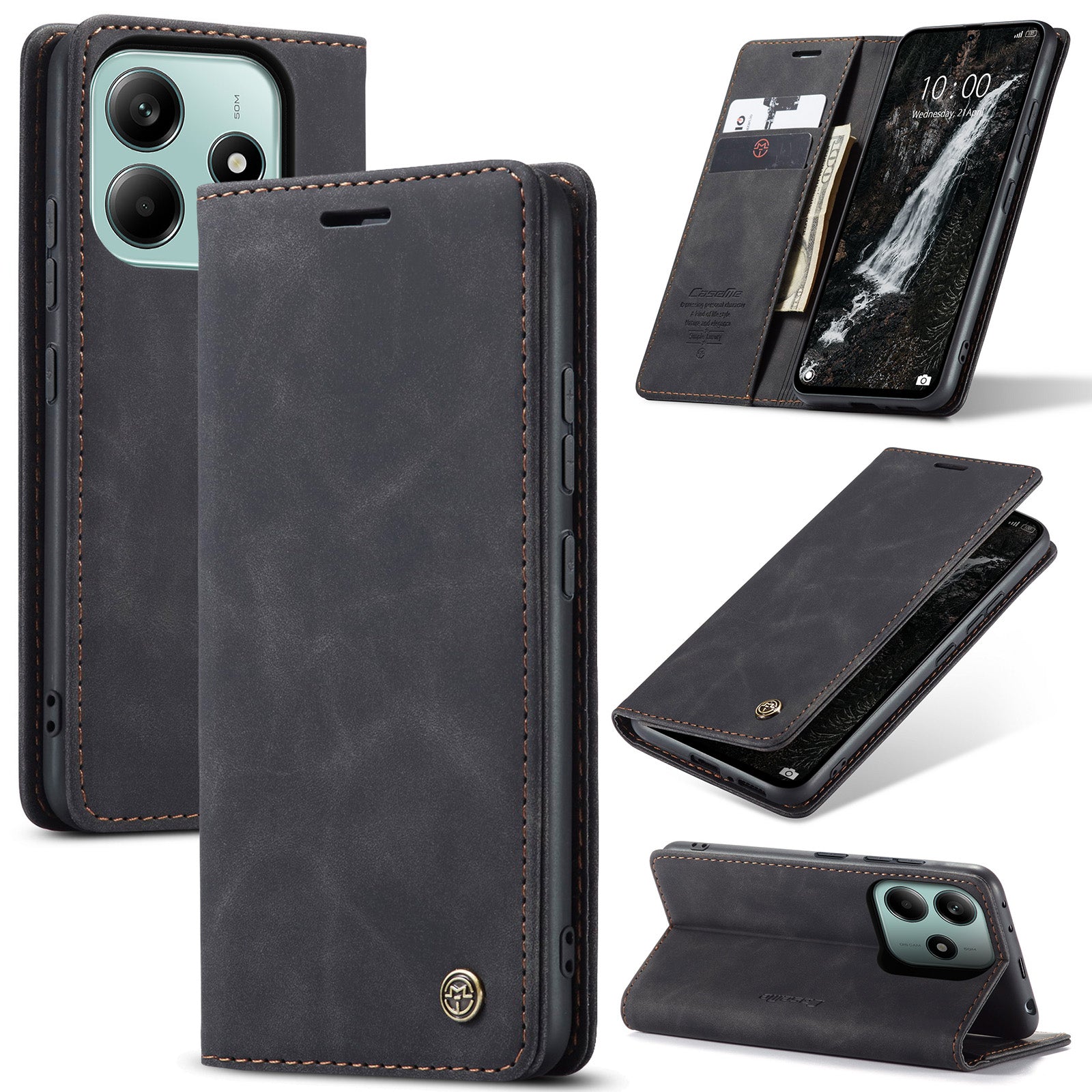 For Xiaomi Redmi Note 14 5G Case CASEME 013 Series Card Holder Stand Leather Phone Cover - Black